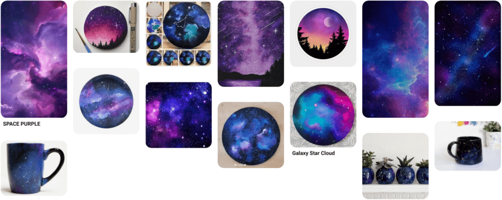 Exemples d'inspiration pour peindre un motif galaxie sur un vide-poche en céramique