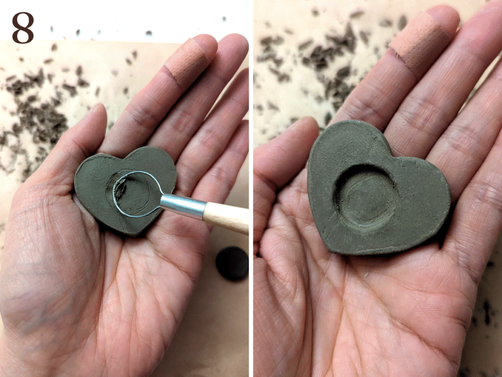 Photos montrant comment évider l'arrière des magnets en argile autodurcissante pour placer l'aimant